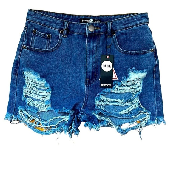 Boohoo Blue High Rise High Waist Graduated Distressed Mom Shorts - Picture 1 of 6